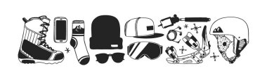 El moda illüstrasyon snowboard şeyler çekilmiş. Yaratıcı mürekkep sanat eseri. Gerçek rahat vektör çizim binicinin öğeleri ile. Kış spor ayarla: giyim, Ayakkabı, aksesuarlar, gıda, içecekler, şeyler