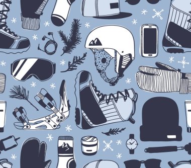 El moda illüstrasyon snowboard şeyler çekilmiş. Yaratıcı mürekkep sanat eseri. Gerçek rahat vektör çizim binicinin öğeleri ile. Kış spor ayarla: giyim, Ayakkabı, aksesuarlar, gıda, içecekler, şeyler