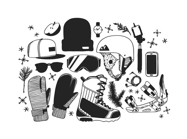 Ilustración Moda Dibujada Mano Snowboarding Things Tinta Creativa Obra Arte — Vector de stock