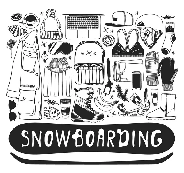 Ilustración Moda Dibujada Mano Snowboarding Things Tinta Creativa Obra Arte — Vector de stock