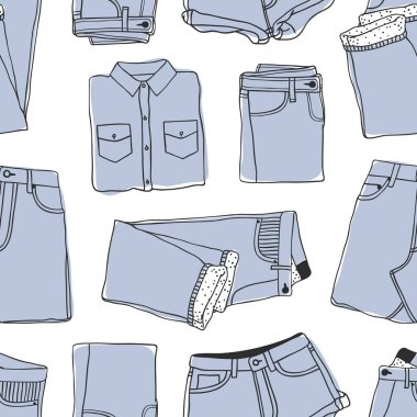 El kot giyim ile seamless modeli çekilmiş. Moda vektör arka plan. Gerçek illüstrasyon Denim kıyafeti. Özgün doodle tarzı giyim çizim. Yaratıcı mürekkep sanat eseri