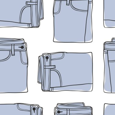 El kot giyim ile seamless modeli çekilmiş. Moda vektör arka plan. Gerçek illüstrasyon Denim kıyafeti. Özgün doodle tarzı giyim çizim. Yaratıcı mürekkep sanat eseri