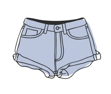 El kot giymek çekilmiş. Moda vektör Denim kısa. Gerçek illüstrasyon kıyafeti. Özgün doodle tarzı çizim. Yaratıcı mürekkep sanat eseri