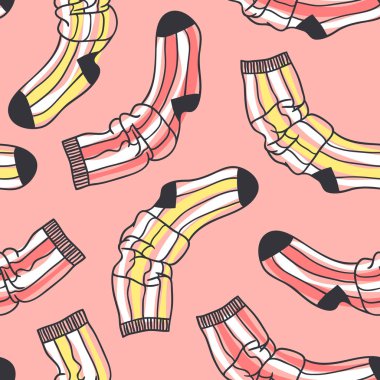 El giyim ile çizilmiş seamless modeli. Moda vektör arka plan. Gerçek illüstrasyon çorap. Özgün doodle tarzı giyim çizim. Yaratıcı mürekkep sanat eseri