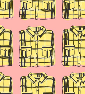 El giyim ile çizilmiş seamless modeli. Moda vektör arka plan. Gerçek illüstrasyon gömlek. Özgün doodle tarzı giyim çizim. Yaratıcı mürekkep sanat eseri