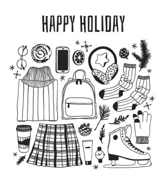 El buz pateni şeyler kümesiyle çekilmiş. Kış spor vektör arka plan. Gerçek moda illüstrasyon. Özgün doodle tarzı çizim. Yaratıcı mürekkep sanat eseri