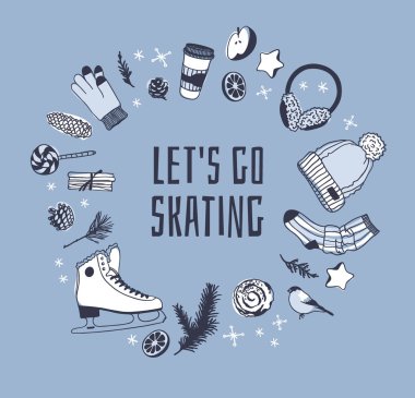 El buz pateni şeyler kümesiyle çekilmiş. Kış spor vektör arka plan. Gerçek moda illüstrasyon. Özgün doodle tarzı çizim. Yaratıcı mürekkep sanat eseri
