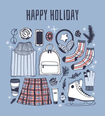El buz pateni şeyler kümesiyle çekilmiş. Kış spor vektör arka plan. Gerçek moda illüstrasyon. Özgün doodle tarzı çizim. Yaratıcı mürekkep sanat eseri