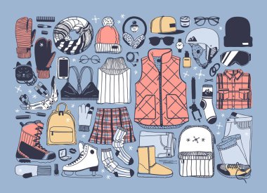 Elle çizilmiş moda illüstrasyon. Yaratıcı mürekkep sanat eseri. Gerçek rahat vektör çizim buz pateni ve Snowboarding. Buz patenci aşınma ve yarış patenler, ev eşantiyonları, kürk kulaklıklarla ayarla Kış spor