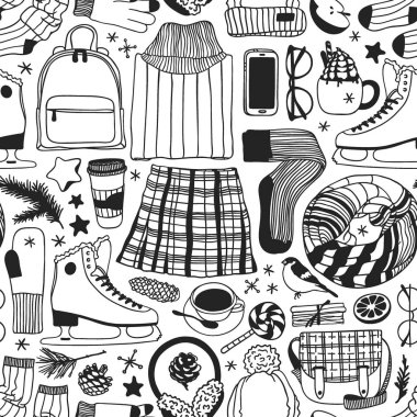 Elle çizilmiş Dikişsiz desen buz pateni şeyler ile. Kış spor vektör arka plan. Gerçek moda illüstrasyon. Özgün doodle tarzı çizim. Yaratıcı mürekkep sanat eseri