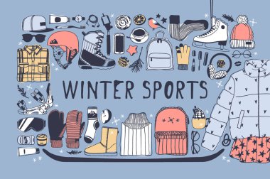 Elle çizilmiş moda illüstrasyon. Yaratıcı mürekkep sanat eseri. Gerçek rahat vektör çizim buz pateni ve Snowboarding. Buz patenci aşınma ve yarış patenler, ev eşantiyonları, kürk kulaklıklarla ayarla Kış spor