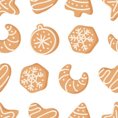Çizgi film vektör çizim Zencefil Ekmek Çerezler. El Noel seamless modeli yıldız, ağaç, top, kalp, ay, kar tanesi ile çekilmiş. Gerçek yaratıcı tatil fırında