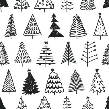Elle çizilmiş Noel ağacı ile Seamless modeli. Soyut doodle kış ahşap çizim. Vektör sanat tatil illüstrasyon