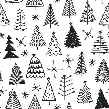 Elle çizilmiş Noel ağacı ile Seamless modeli. Soyut doodle kış ahşap çizim. Vektör sanat tatil illüstrasyon