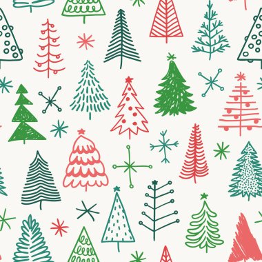 Elle çizilmiş Noel ağacı ile Seamless modeli. Soyut doodle kış ahşap çizim. Vektör sanat tatil illüstrasyon