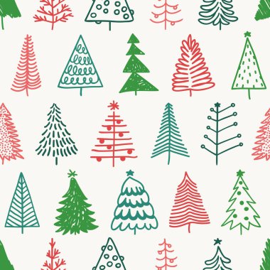 Elle çizilmiş Noel ağacı ile Seamless modeli. Soyut doodle kış ahşap çizim. Vektör sanat tatil illüstrasyon