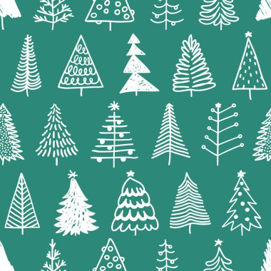Elle çizilmiş Noel ağacı ile Seamless modeli. Soyut doodle kış ahşap çizim. Vektör sanat tatil illüstrasyon