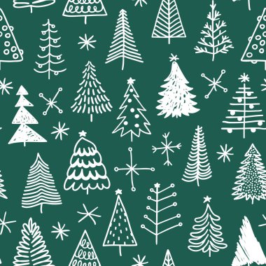 Elle çizilmiş Noel ağacı ile Seamless modeli. Soyut doodle kış ahşap çizim. Vektör sanat tatil illüstrasyon