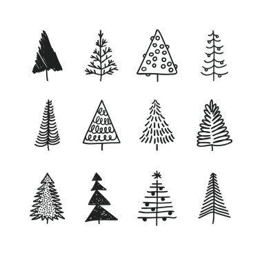 El Noel ağaçları dizi çekilmiş. Tatil arka plan. Soyut doodle Woods çizim. Vektör sanat çizim