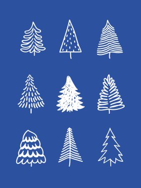 El Noel ağaçları dizi çekilmiş. Tatil arka plan. Soyut doodle Woods çizim. Vektör sanat çizim