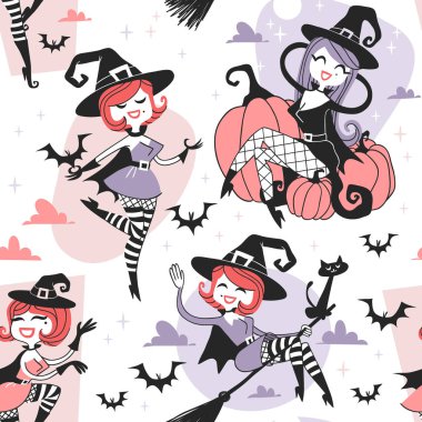 El Retro illüstrasyon Halloween karakterler çekilmiş. Yaratıcı çizgi film sanat eseri. Gerçek vektör çizim tatil insanlar. Cadılar ile sanatsal Vintage Seamless modeli
