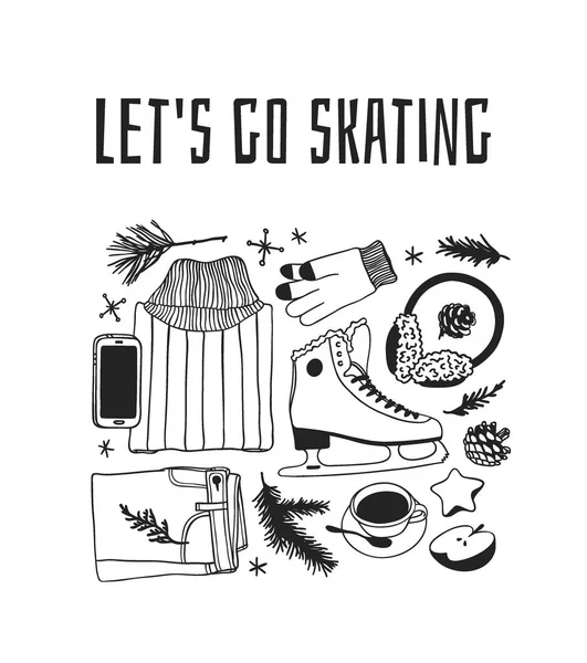 Hand Drawn Set Ice Skating Things Winter Sport Vector Background — Stock Vector