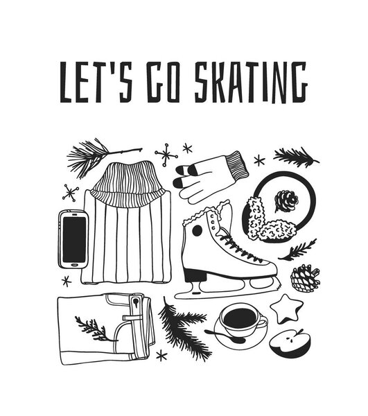 Ручной набор с фигурным катанием. Векторный фон зимнего спорта. Настоящая модная иллюстрация. Оригинальный рисунок в стиле каракулей. Творчество чернил
