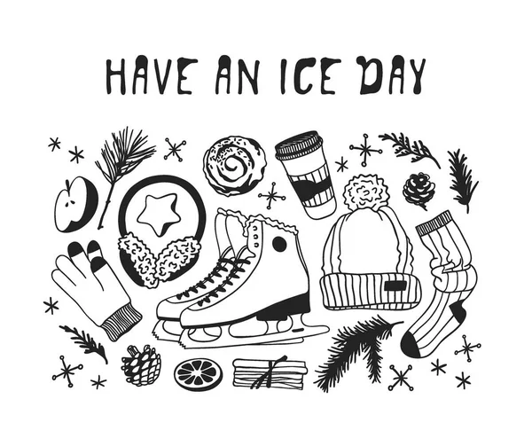 Handgezeichnetes Set Mit Eislaufutensilien Wintersport Vektor Hintergrund Modenschau Originelle Doodle — Stockvektor