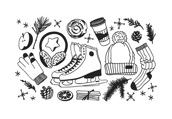 Hand Drawn Set Ice Skating Things Winter Sport Vector Background — Stock Vector