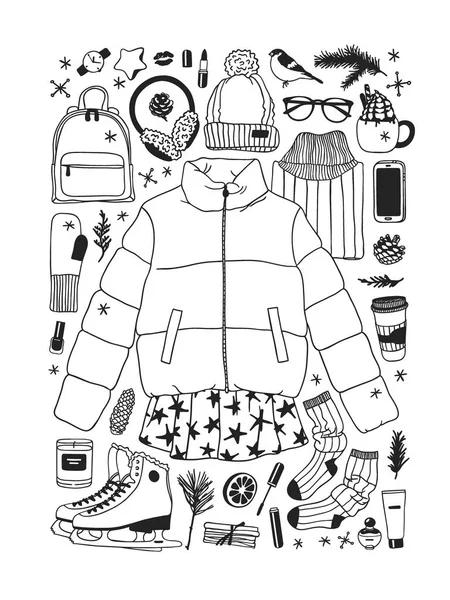 Conjunto Desenhado Mão Com Ice Skating Things Inverno Sport Fundo — Vetor de Stock