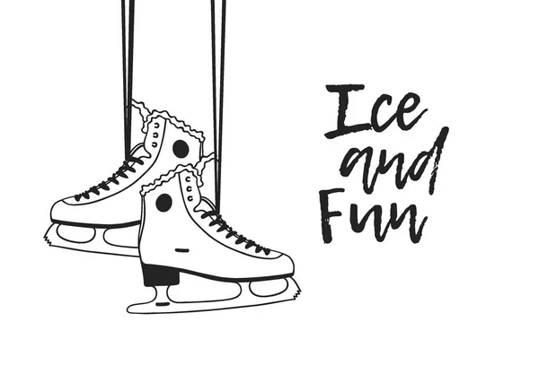 圣诞贺卡与赛车冰鞋 手绘时尚插画 创意水墨艺术作品 实际冬季舒适向量绘制滑冰和文本 — 图库矢量图片