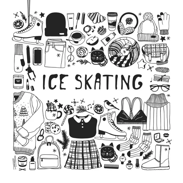 Hand Dras Set Med Ice Skating Saker Vintersport Vector Bakgrund — Stock vektor