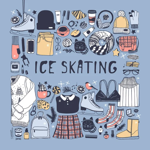 Hand Drawn Set Ice Skating Things Winter Sport Vector Background — Stock Vector