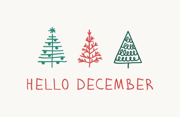 Elle çizilmiş Noel ağaçları ve teklif kümesi. Tatil arka plan ve selamlar. Özet doodle çizim woods ve metin. Vektör sanat çizim