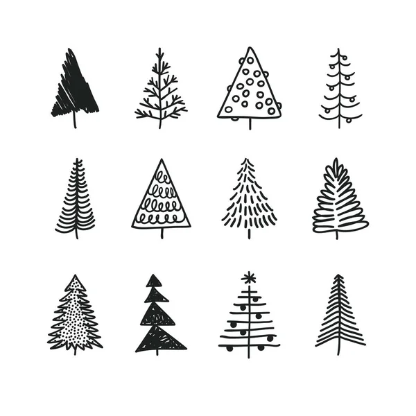 Χέρι Που Σετ Χριστουγεννιάτικα Δέντρα Διακοπές Φόντο Αφηρημένη Doodle Σχέδιο — Διανυσματικό Αρχείο