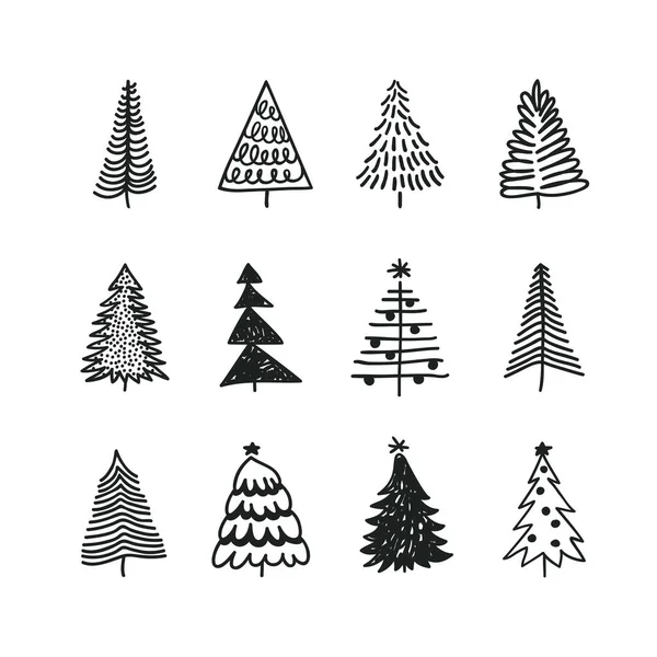 Χέρι Που Σετ Χριστουγεννιάτικα Δέντρα Διακοπές Φόντο Αφηρημένη Doodle Σχέδιο — Διανυσματικό Αρχείο