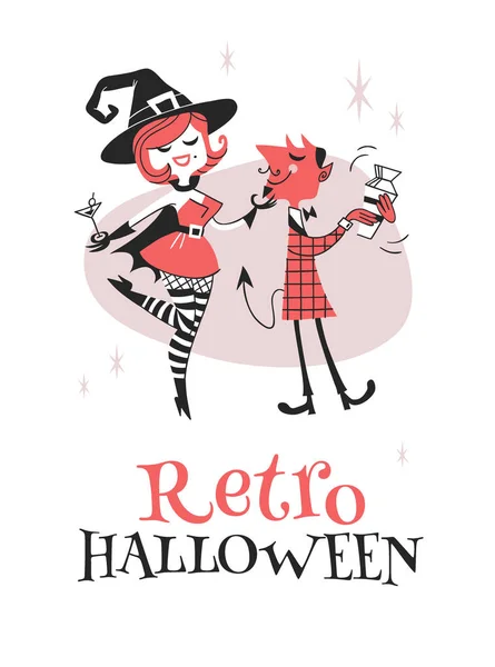 Kézzel Rajzolt Retro Illusztráció Halloween Karakterek Rajzfilm Művészeti Alkotómunka Tényleges — Stock Vector