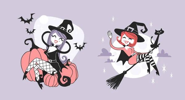 Illustrazione Retrò Disegnato Mano Personaggi Halloween Opera Creativa Del Fumetto — Vettoriale Stock