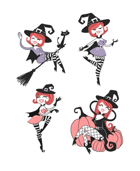 Personajes Halloween Ilustración Retro Dibujado Mano Dibujos Animados Creativos Obra — Vector de stock