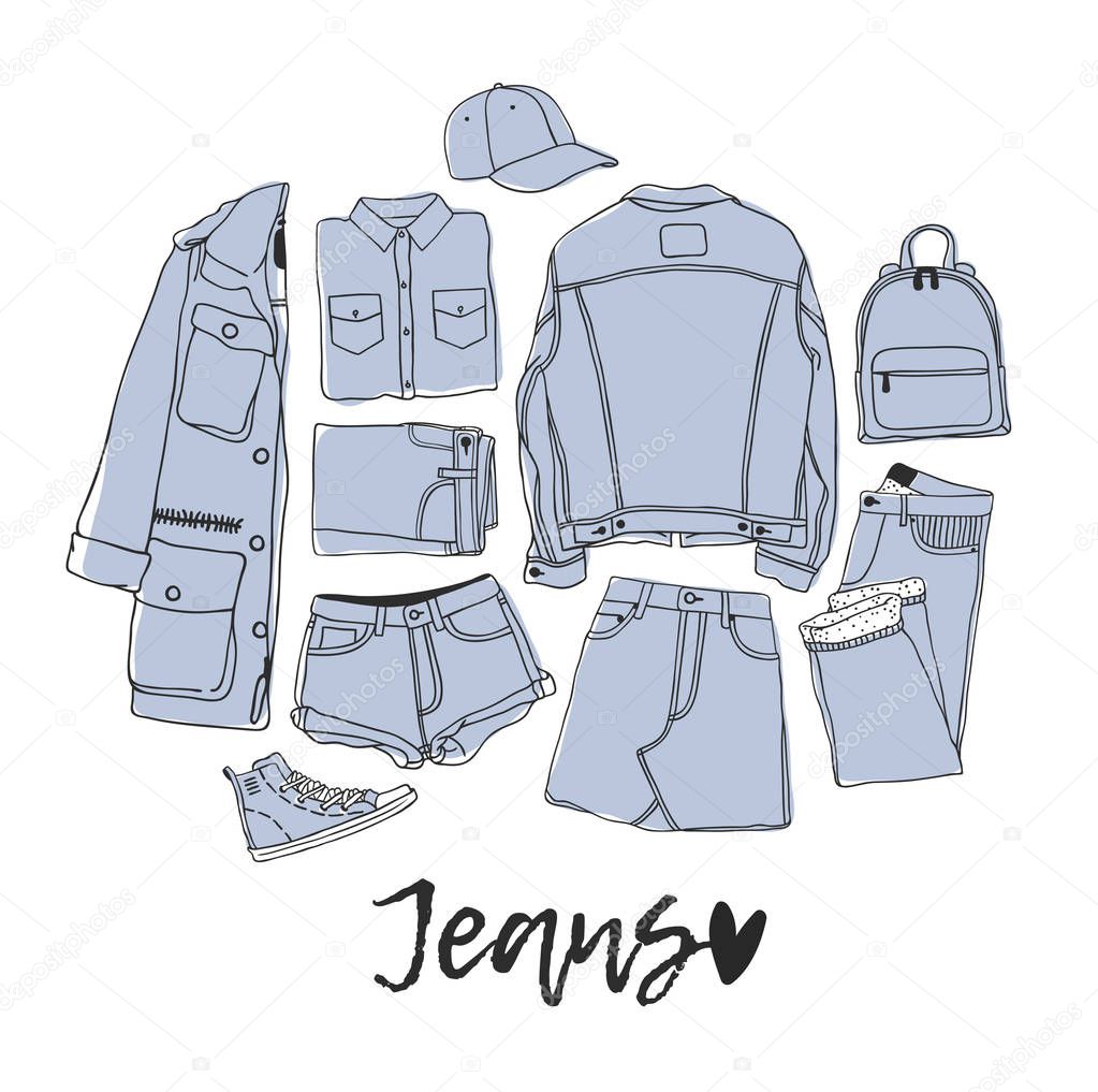 Hand drawn set of Jeans Wear. Fashion vector background. Actual illustration  Denim Outfit. Original doodle style drawing. Creative ink art work