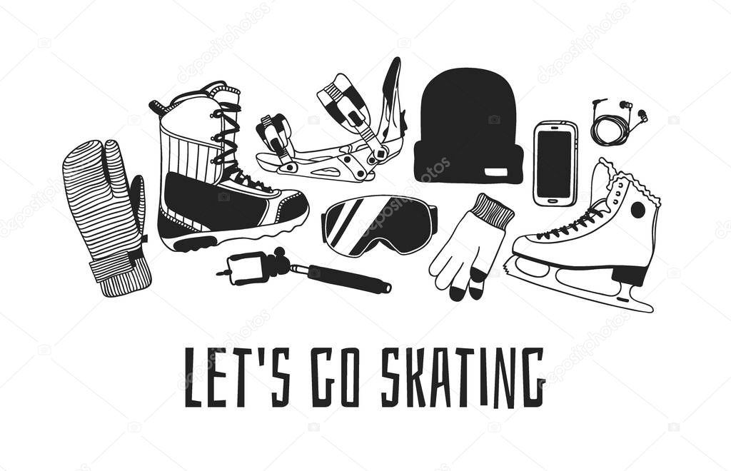 Hand drawn fashion illustration. Creative ink art work. Actual cozy vector drawing Ice Skating and Snowboarding. Winter sport set with figure skater wear and racing skates, accessoires, fur headphones and other 