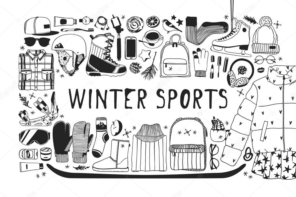 Hand drawn fashion illustration. Creative ink art work. Actual cozy vector drawing Ice Skating and Snowboarding. Winter sport set with figure skater wear and racing skates, accessoires, fur headphones