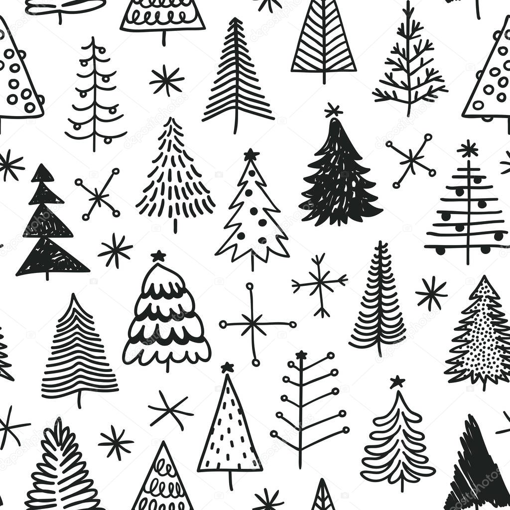 Seamless pattern with hand drawn Christmas tree. Abstract  doodle drawing winter wood. Vector art Holidays illustration