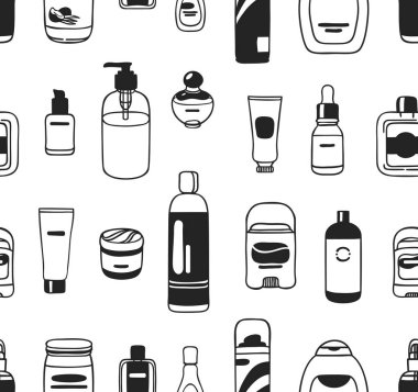 El kozmetik ile çizilmiş seamless modeli. Vektör çizim. Güzellik ürünleri ile gerçek arka plan. Özgün doodle tarzı banyo şeyler çizim. Yaratıcı mürekkep sanat eseri