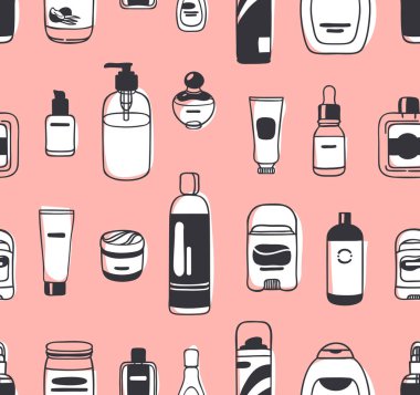 El kozmetik ile çizilmiş seamless modeli. Vektör çizim. Güzellik ürünleri ile gerçek arka plan. Özgün doodle tarzı banyo şeyler çizim. Yaratıcı mürekkep sanat eseri
