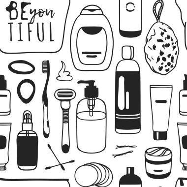 El kozmetik ile çizilmiş seamless modeli. Vektör çizim. Güzellik ürünleri ile gerçek arka plan. Özgün doodle tarzı banyo şeyler çizim. Yaratıcı mürekkep sanat eseri