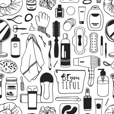 El kozmetik ile çizilmiş seamless modeli. Vektör çizim. Güzellik ürünleri ile gerçek arka plan. Özgün doodle tarzı banyo şeyler çizim. Yaratıcı mürekkep sanat eseri