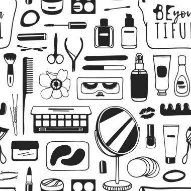 El kozmetik ile çizilmiş seamless modeli. Vektör çizim. Güzellik ürünleri ile gerçek arka plan. Özgün doodle tarzı banyo şeyler çizim. Yaratıcı mürekkep sanat eseri