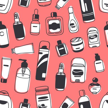 El erkek kozmetik ile çizilmiş seamless modeli. Vektör çizim. Güzellik ürünleri ile gerçek arka plan. Özgün doodle tarzı banyo şeyler çizim. Yaratıcı mürekkep sanat eseri