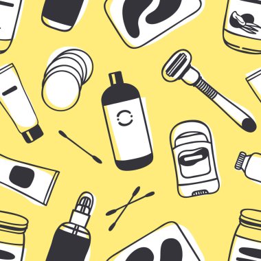 El kozmetik ile çizilmiş seamless modeli. Vektör çizim. Güzellik ürünleri ile gerçek arka plan. Özgün doodle tarzı banyo şeyler çizim. Yaratıcı mürekkep sanat eseri